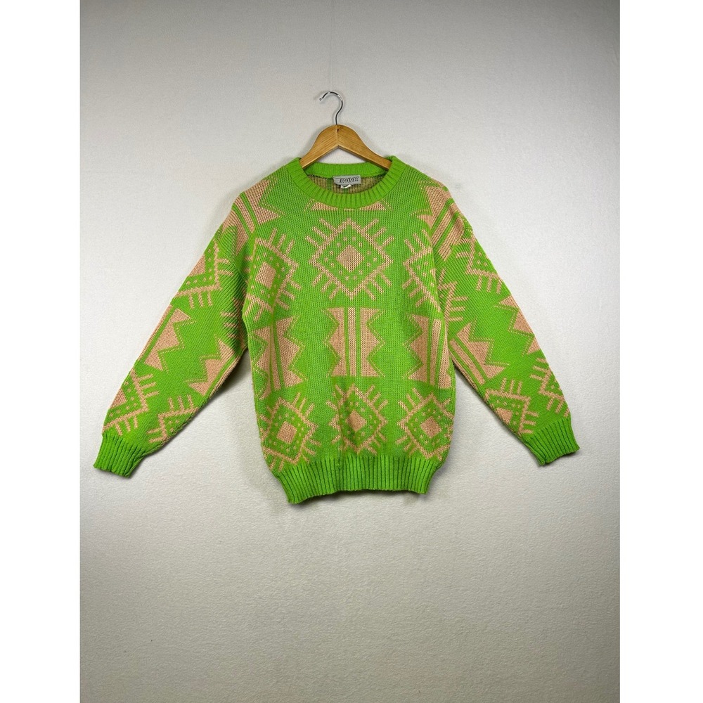 RAVE Women Green Pink‎ Geometric Pattern Knit Sweater Pullover Medium